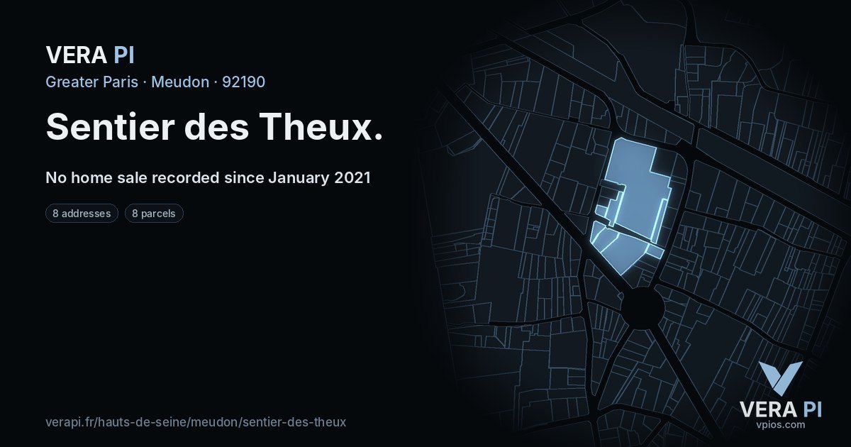 Sentier des Theux, Meudon at night – every parcel coloured by the prices around it, the street's own parcels lit