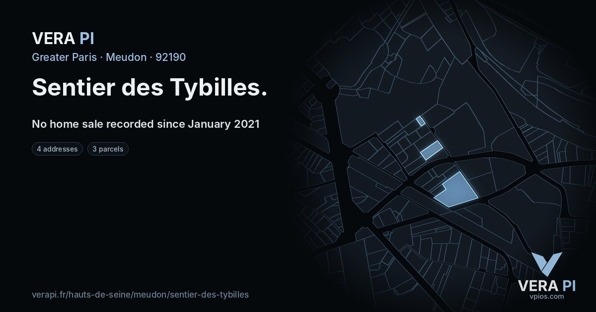 Sentier des Tybilles, Meudon at night – every parcel coloured by the prices around it, the street's own parcels lit