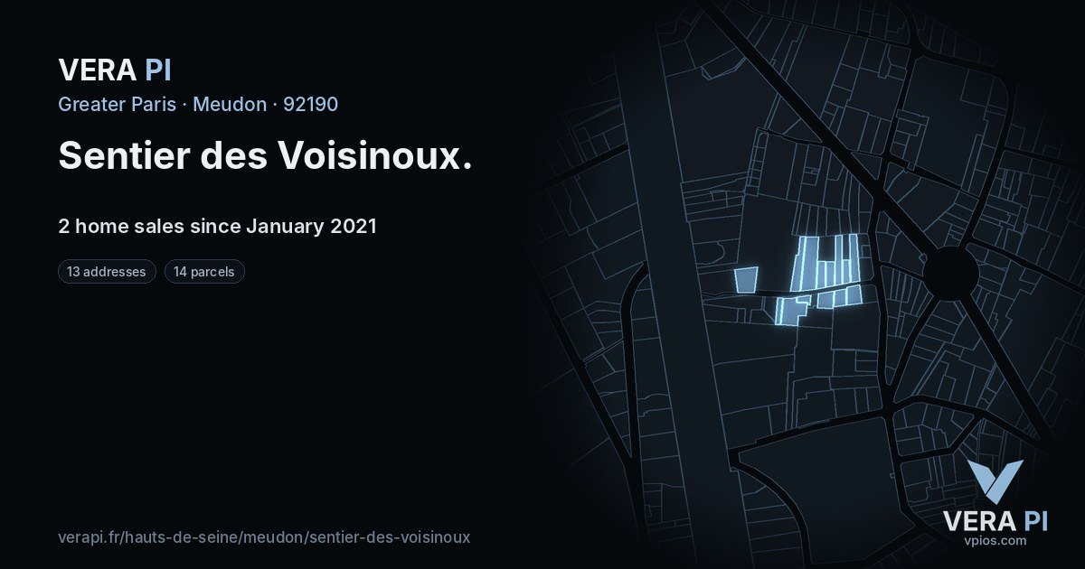 Sentier des Voisinoux, Meudon at night – every parcel coloured by the prices around it, the street's own parcels lit