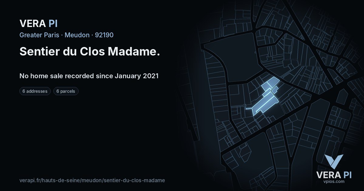 Sentier du Clos Madame, Meudon at night – every parcel coloured by the prices around it, the street's own parcels lit