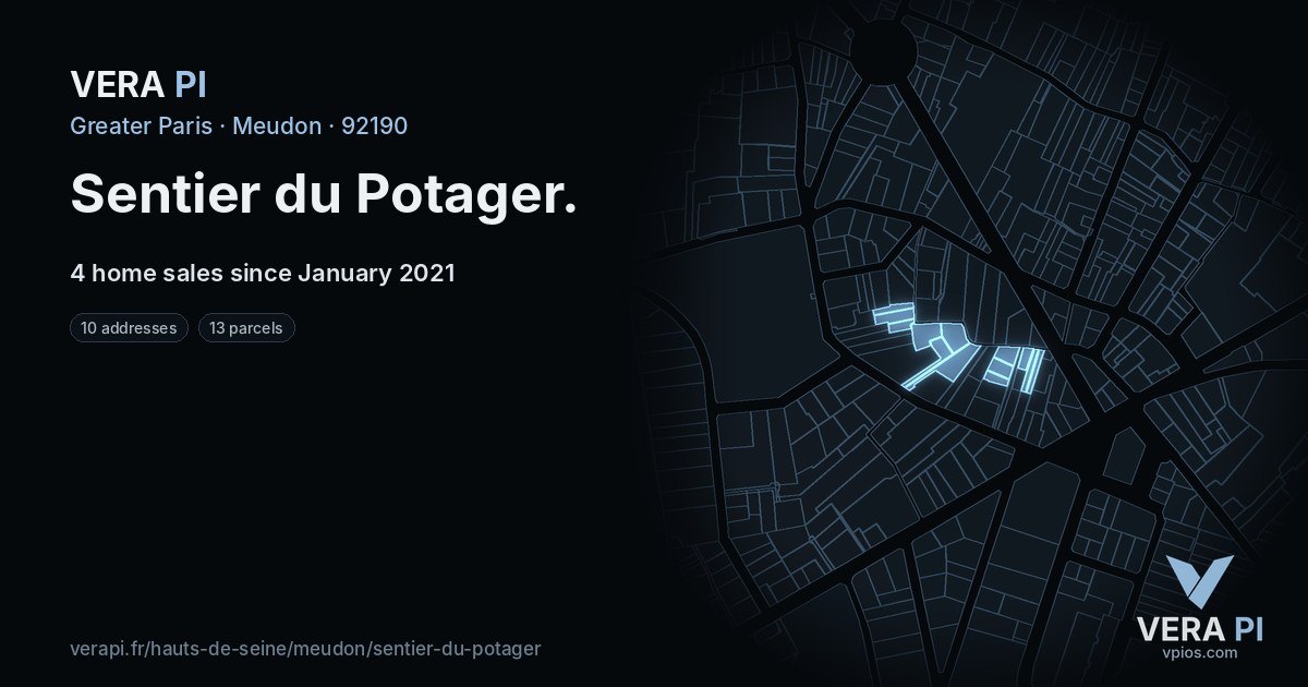 Sentier du Potager, Meudon at night – every parcel coloured by the prices around it, the street's own parcels lit