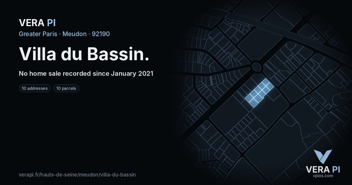 Villa du Bassin, Meudon at night – every parcel coloured by the prices around it, the street's own parcels lit