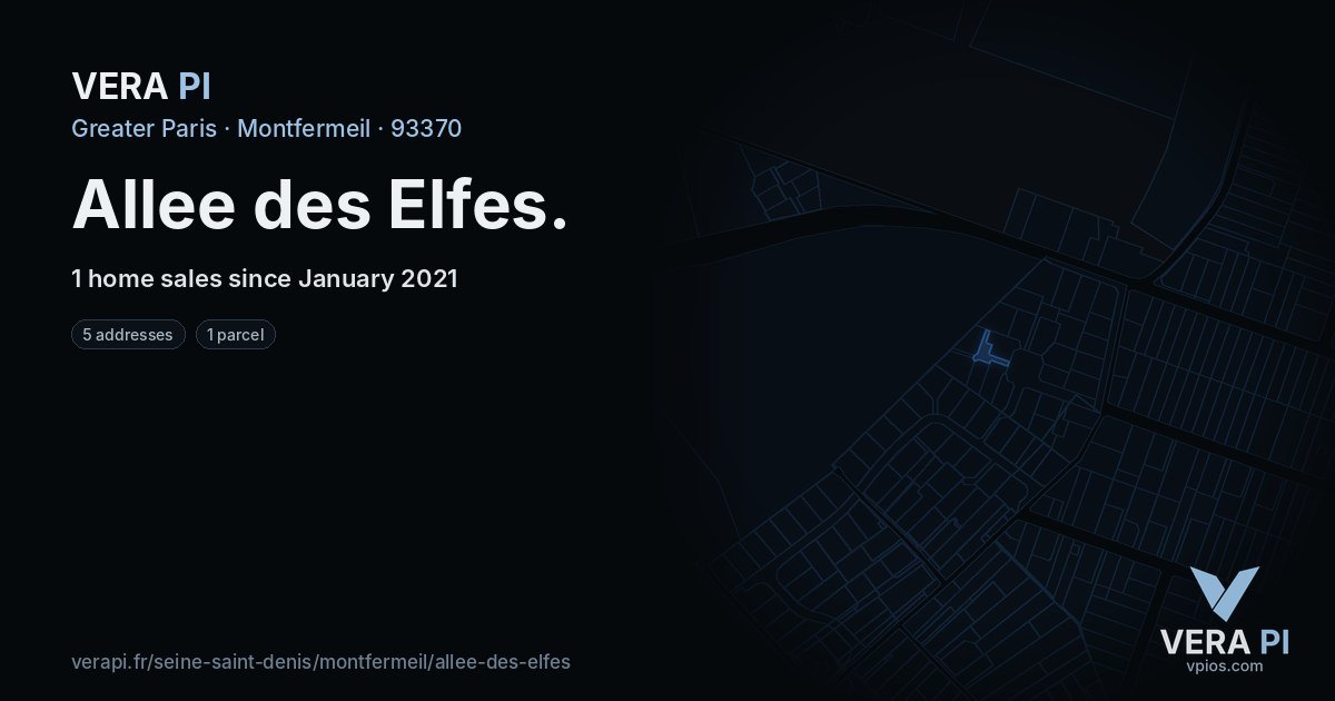Allee des Elfes, Montfermeil at night – every parcel coloured by the prices around it, the street's own parcels lit