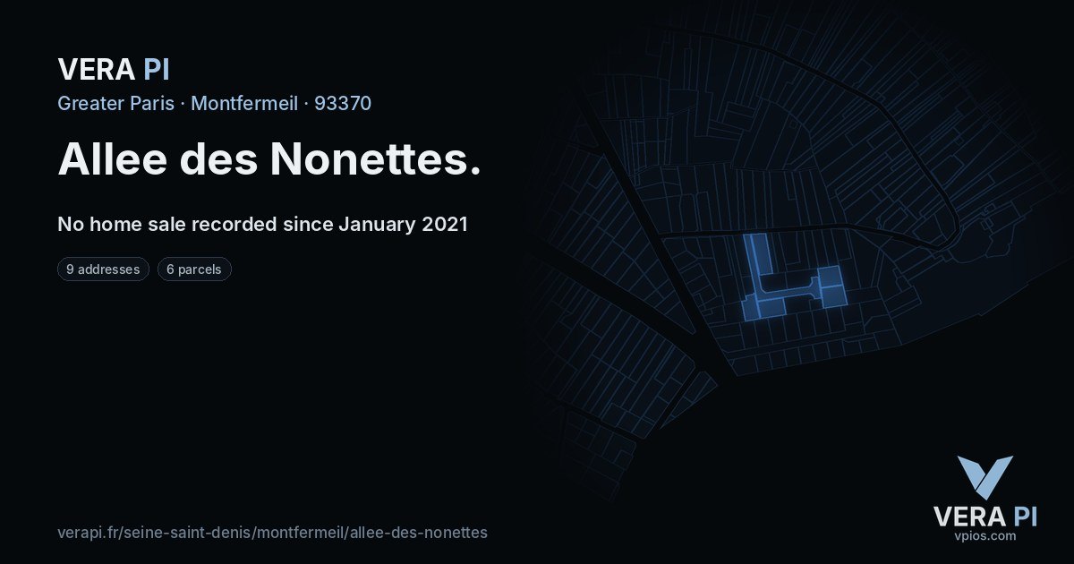 Allee des Nonettes, Montfermeil at night – every parcel coloured by the prices around it, the street's own parcels lit