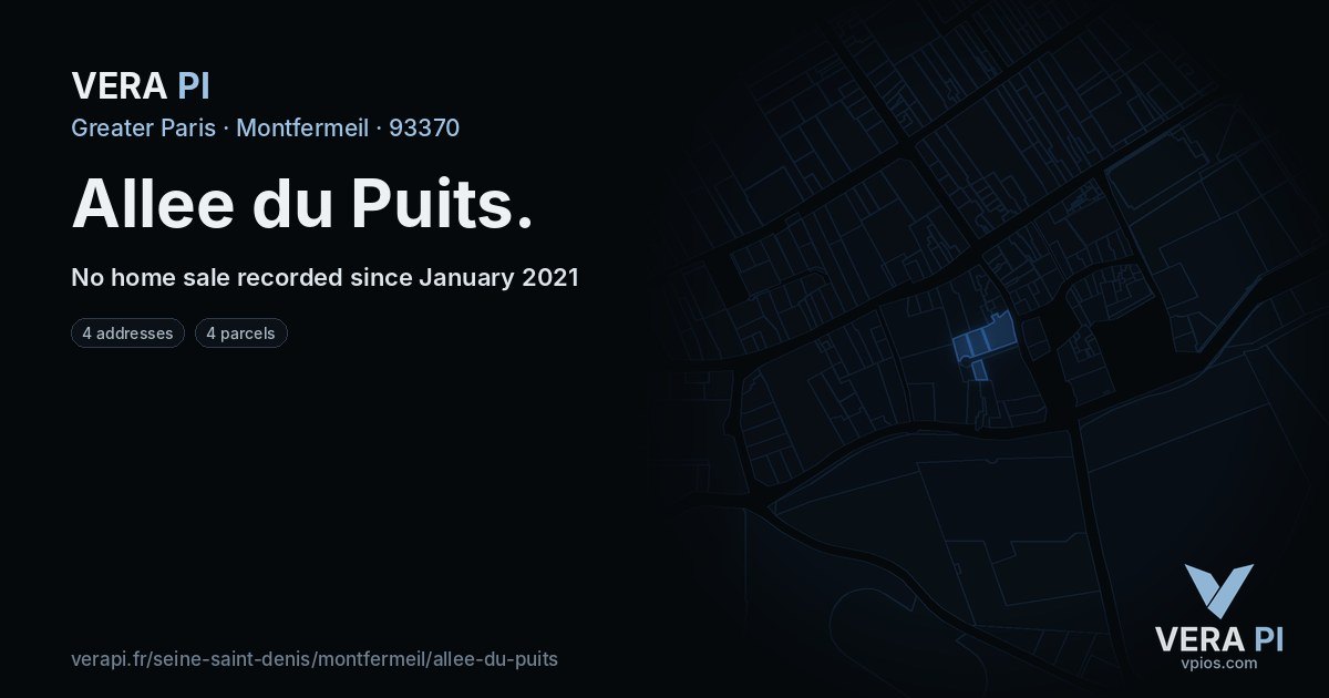 Allee du Puits, Montfermeil at night – every parcel coloured by the prices around it, the street's own parcels lit