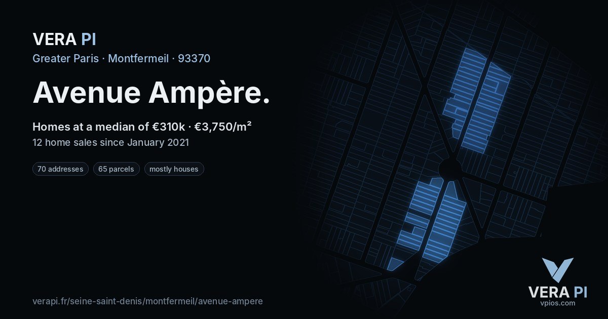 Avenue Ampère, Montfermeil at night – every parcel coloured by the prices around it, the street's own parcels lit