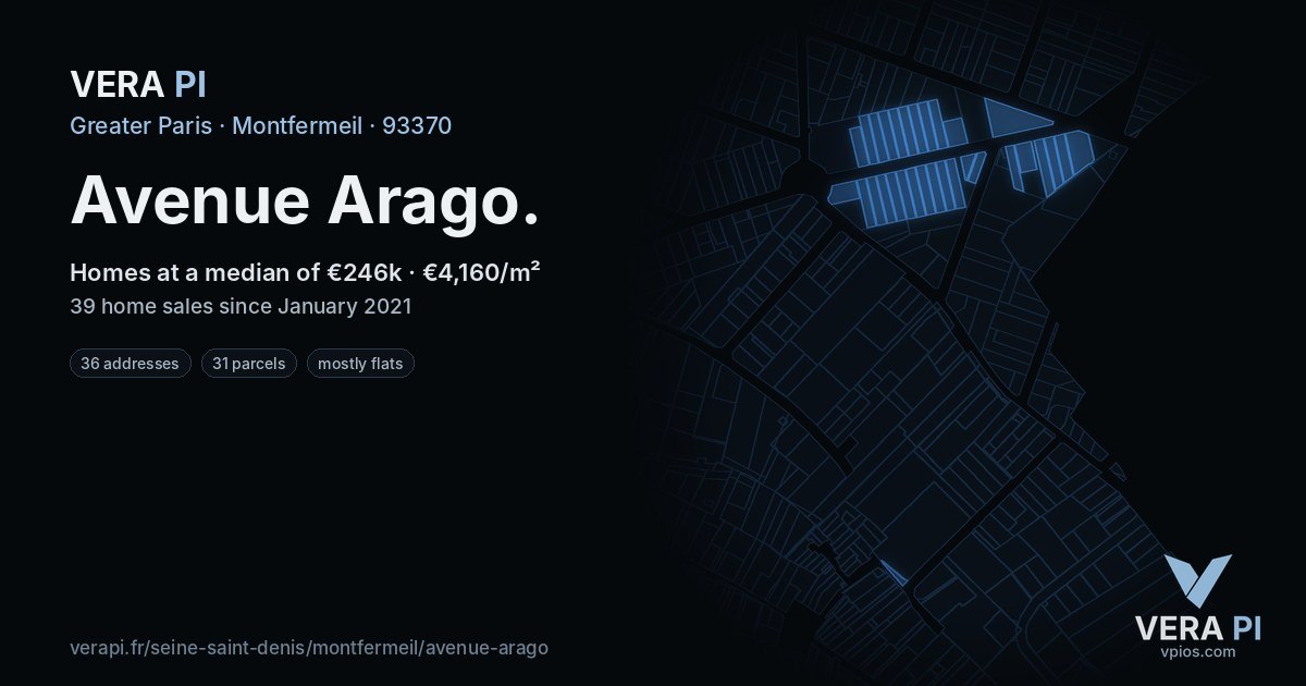 Avenue Arago, Montfermeil at night – every parcel coloured by the prices around it, the street's own parcels lit