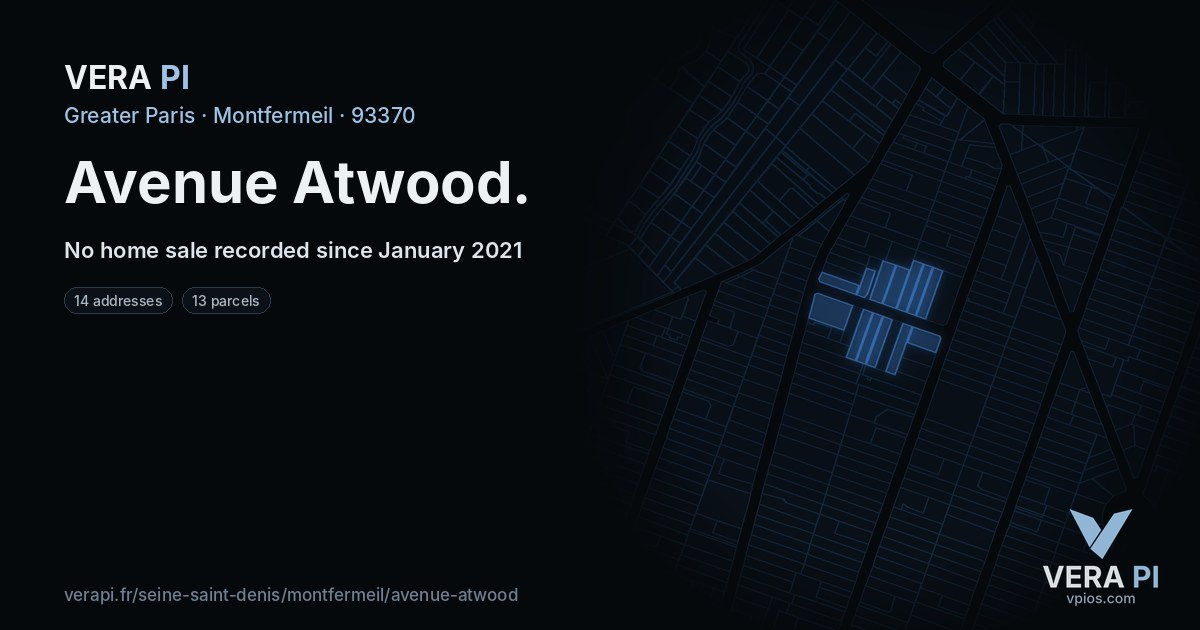 Avenue Atwood, Montfermeil at night – every parcel coloured by the prices around it, the street's own parcels lit