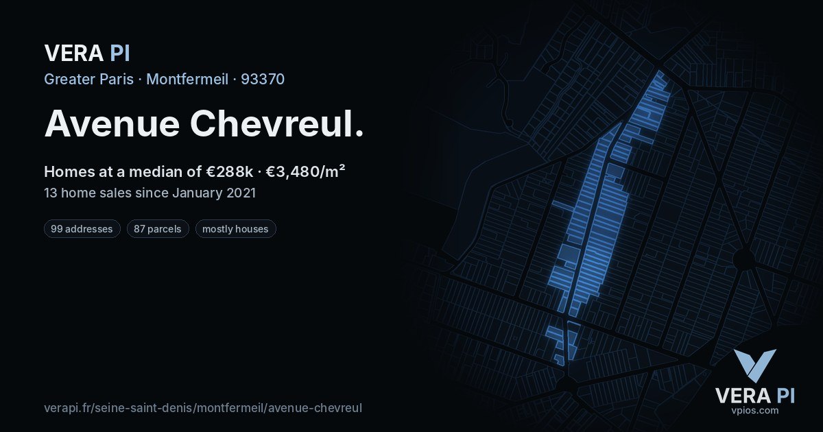 Avenue Chevreul, Montfermeil at night – every parcel coloured by the prices around it, the street's own parcels lit