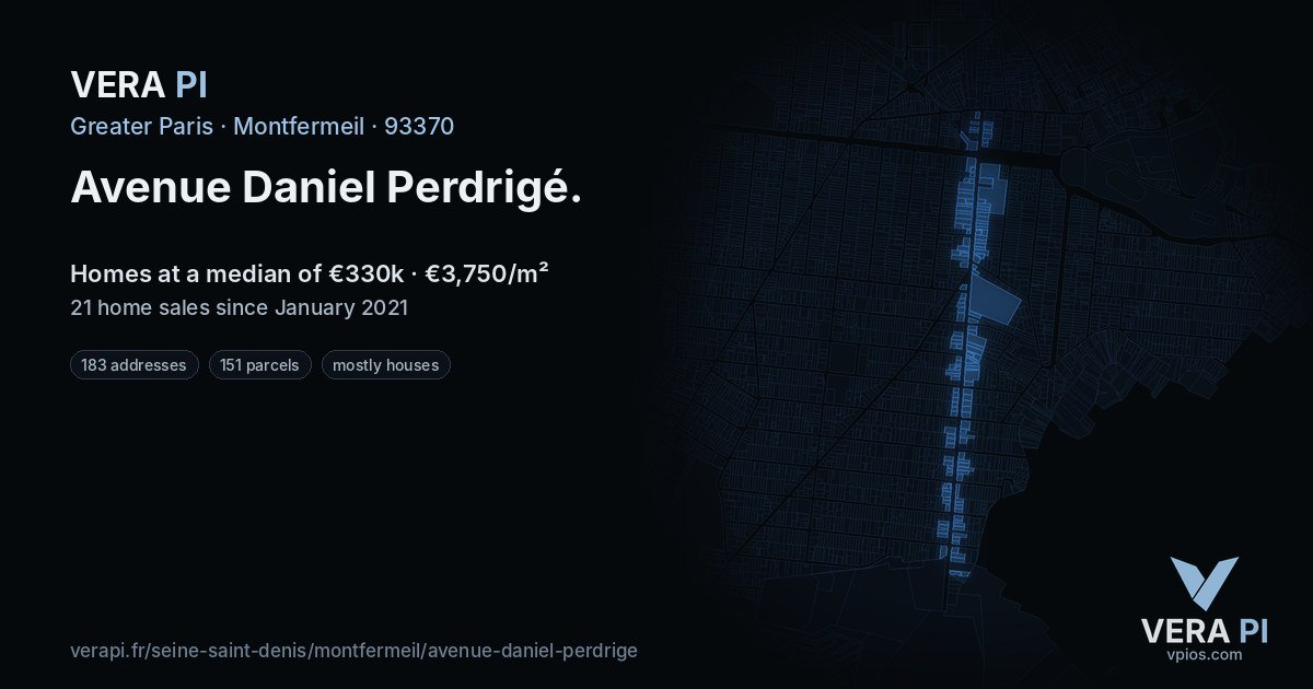 Avenue Daniel Perdrigé, Montfermeil at night – every parcel coloured by the prices around it, the street's own parcels lit