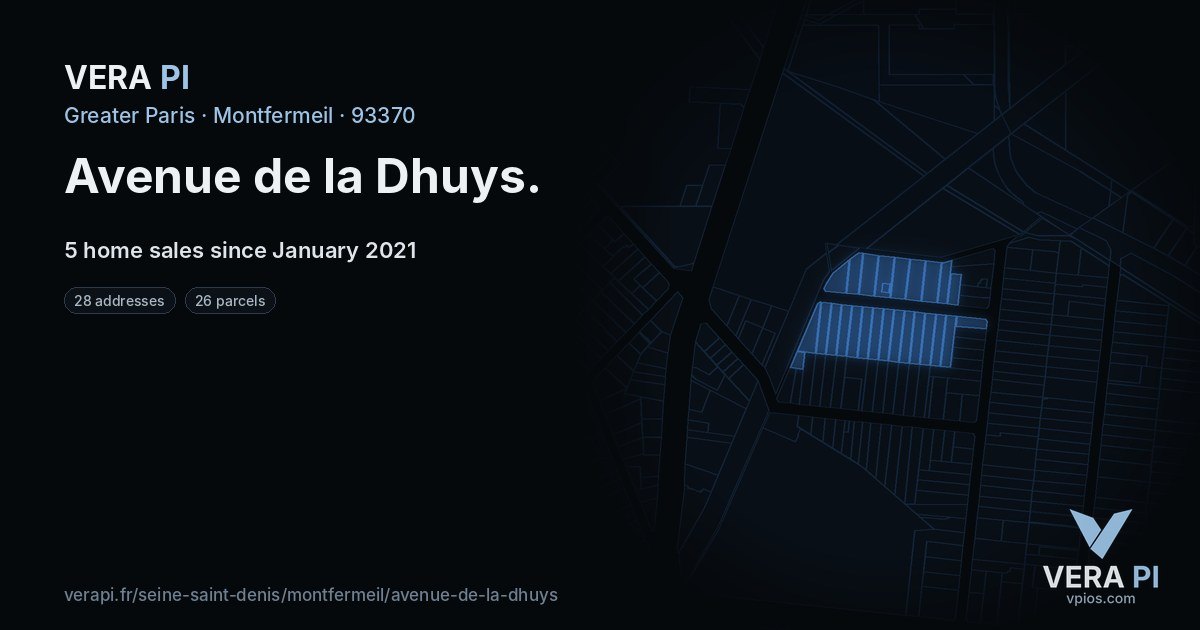 Avenue de la Dhuys, Montfermeil at night – every parcel coloured by the prices around it, the street's own parcels lit