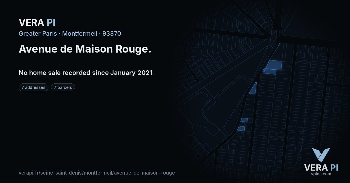 Avenue de Maison Rouge, Montfermeil at night – every parcel coloured by the prices around it, the street's own parcels lit