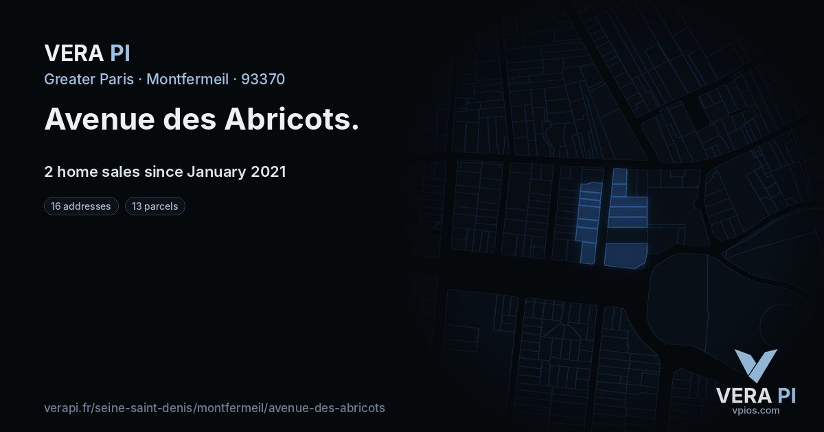Avenue des Abricots, Montfermeil at night – every parcel coloured by the prices around it, the street's own parcels lit