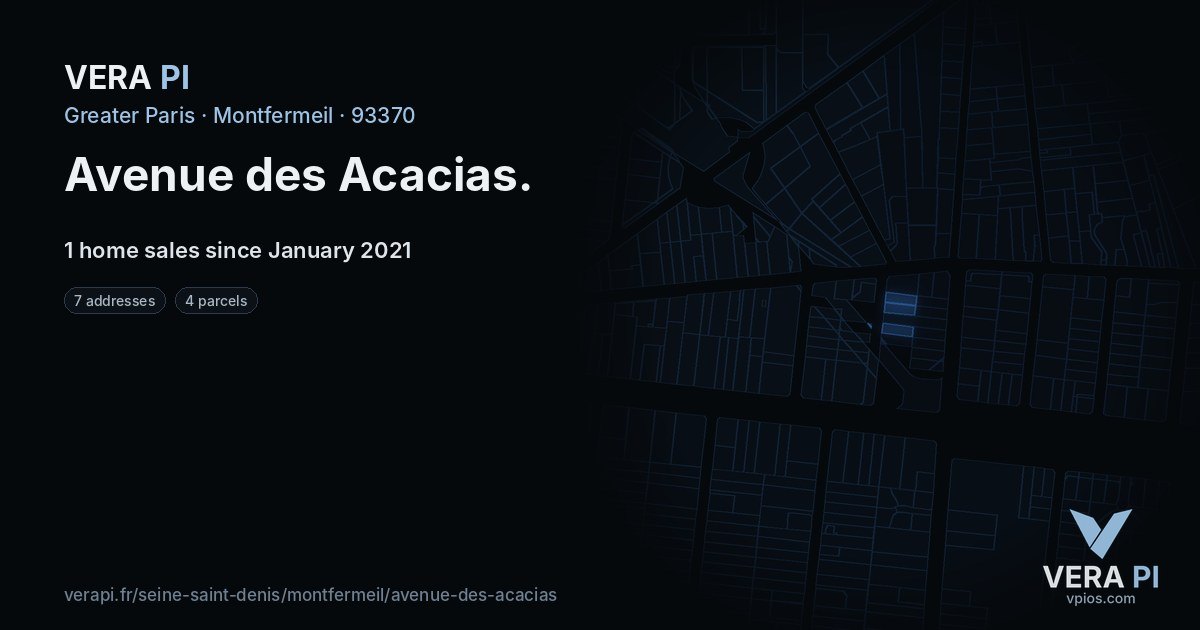 Avenue des Acacias, Montfermeil at night – every parcel coloured by the prices around it, the street's own parcels lit