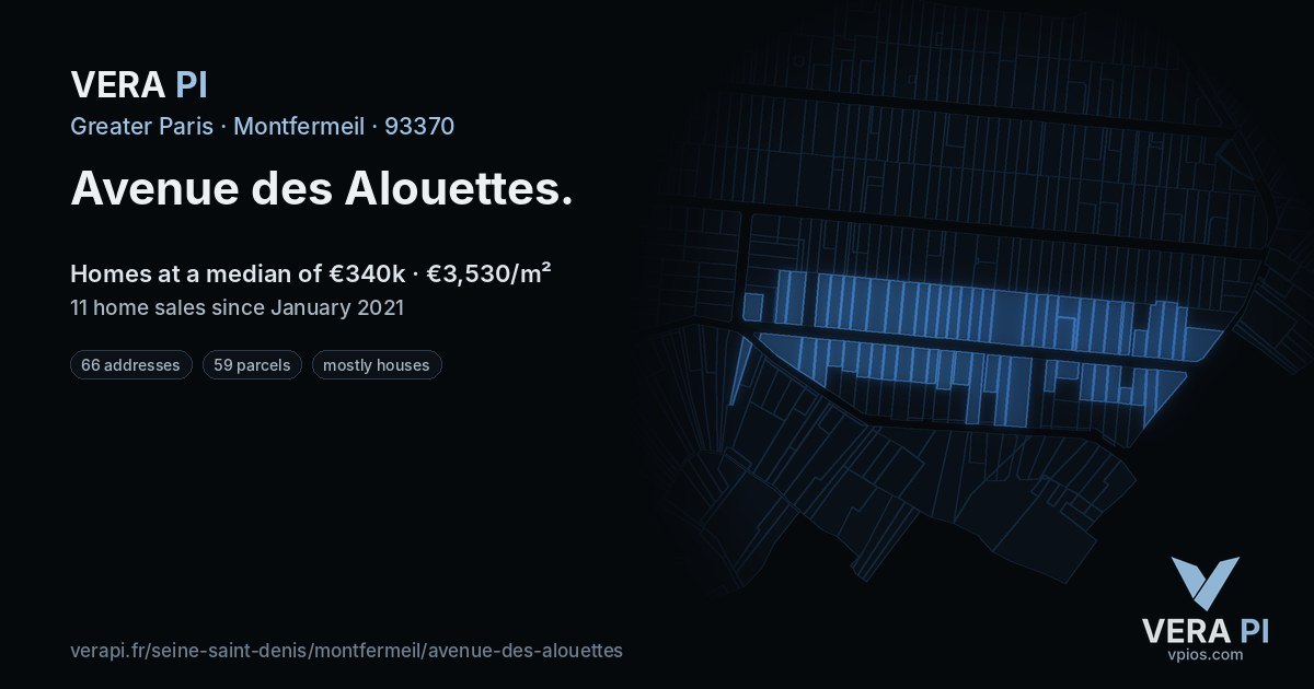 Avenue des Alouettes, Montfermeil at night – every parcel coloured by the prices around it, the street's own parcels lit