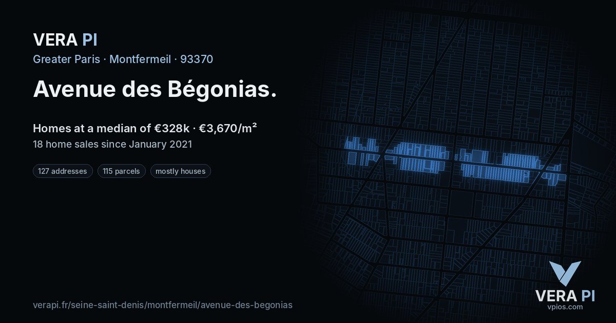Avenue des Bégonias, Montfermeil at night – every parcel coloured by the prices around it, the street's own parcels lit