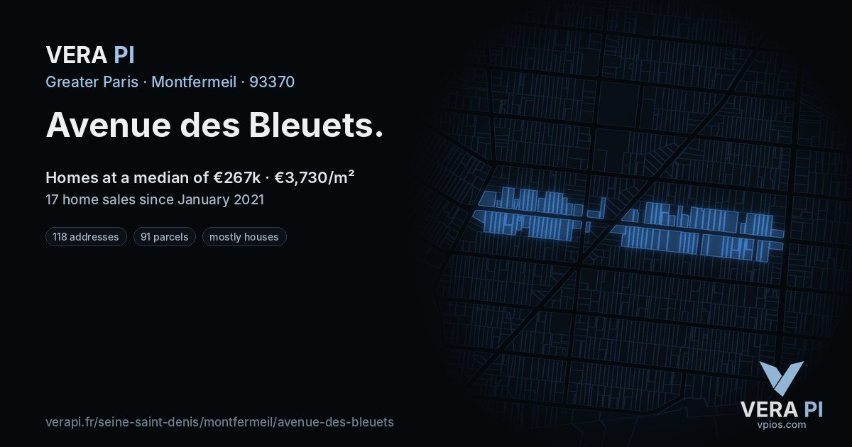 Avenue des Bleuets, Montfermeil at night – every parcel coloured by the prices around it, the street's own parcels lit