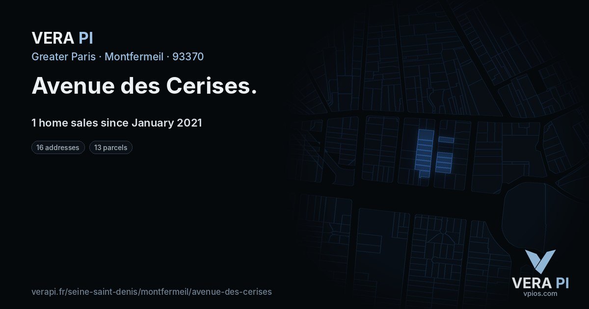 Avenue des Cerises, Montfermeil at night – every parcel coloured by the prices around it, the street's own parcels lit