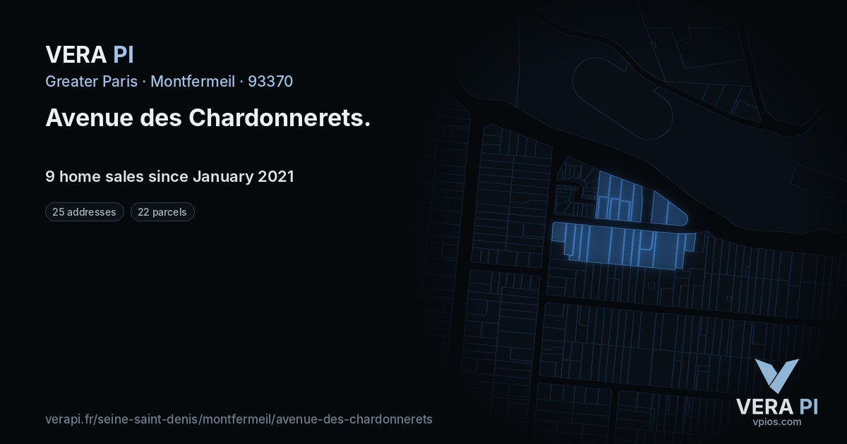Avenue des Chardonnerets, Montfermeil at night – every parcel coloured by the prices around it, the street's own parcels lit