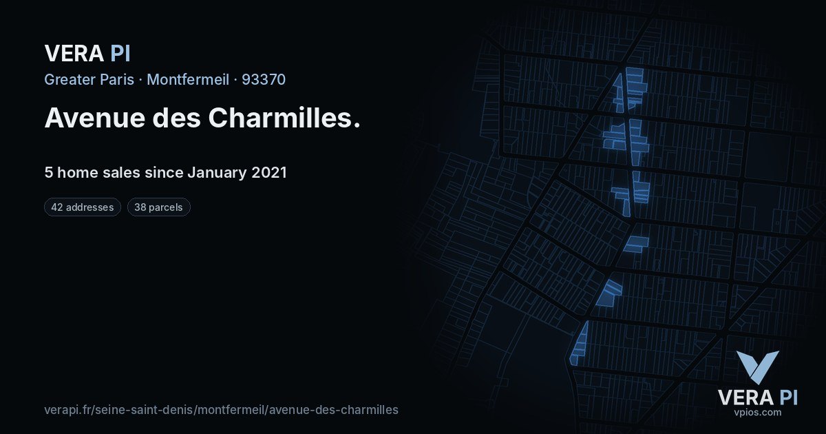 Avenue des Charmilles, Montfermeil at night – every parcel coloured by the prices around it, the street's own parcels lit