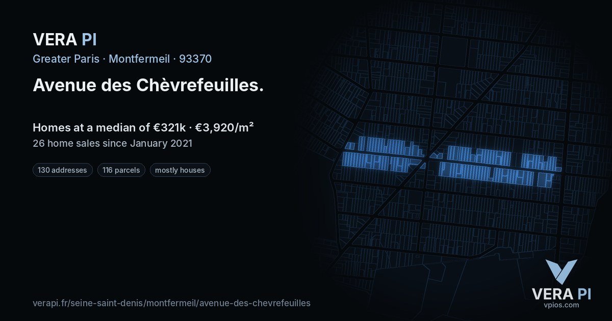 Avenue des Chèvrefeuilles, Montfermeil at night – every parcel coloured by the prices around it, the street's own parcels lit