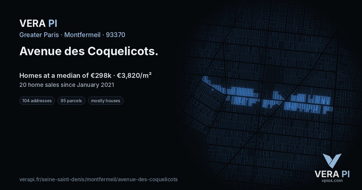 Avenue des Coquelicots, Montfermeil at night – every parcel coloured by the prices around it, the street's own parcels lit