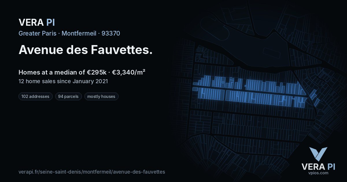 Avenue des Fauvettes, Montfermeil at night – every parcel coloured by the prices around it, the street's own parcels lit