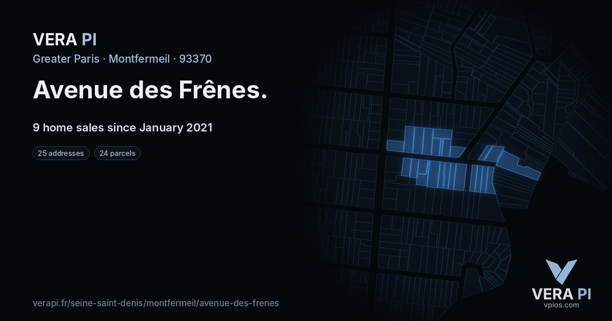 Avenue des Frênes, Montfermeil at night – every parcel coloured by the prices around it, the street's own parcels lit