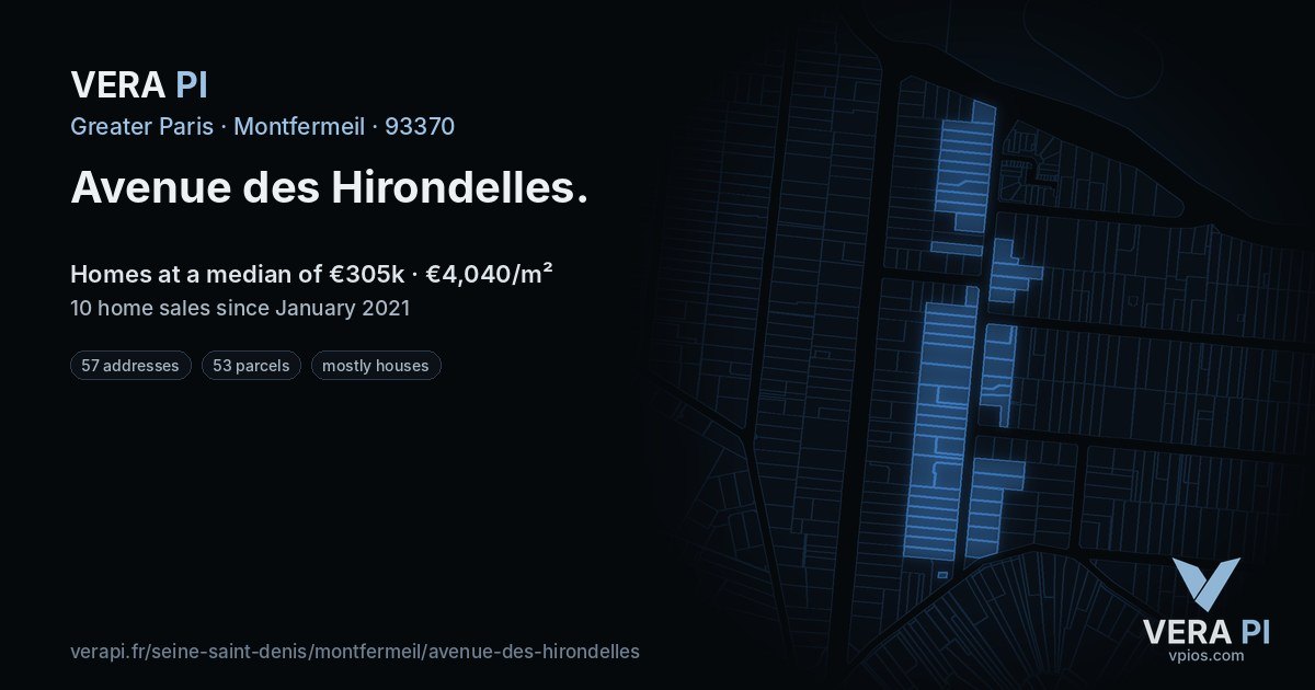 Avenue des Hirondelles, Montfermeil at night – every parcel coloured by the prices around it, the street's own parcels lit