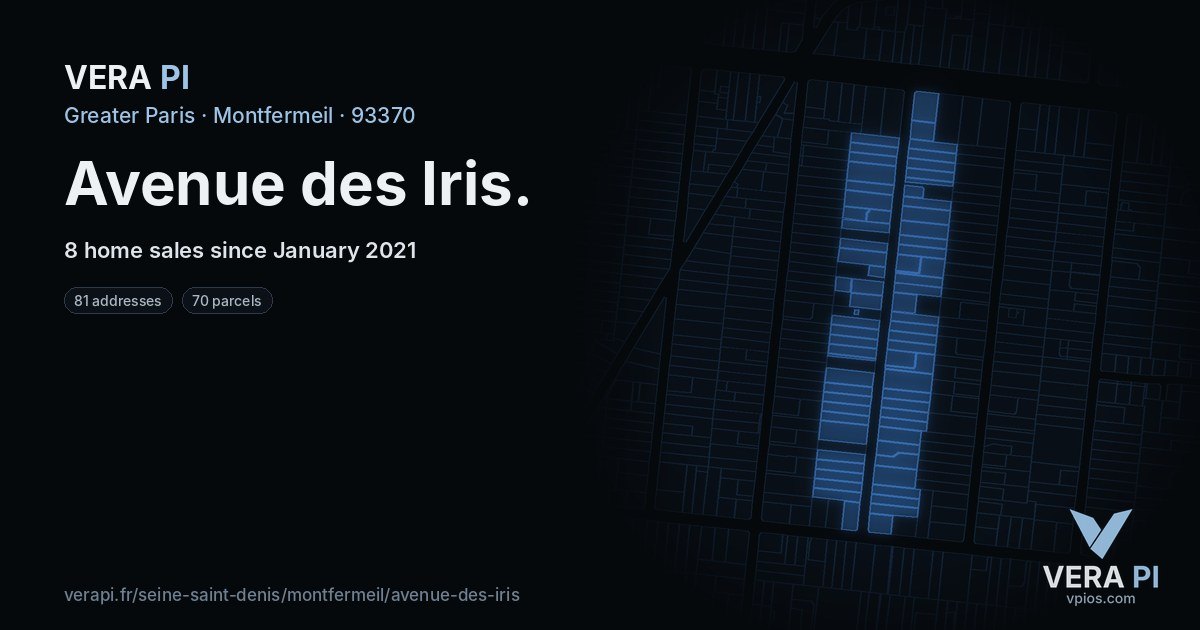 Avenue des Iris, Montfermeil at night – every parcel coloured by the prices around it, the street's own parcels lit