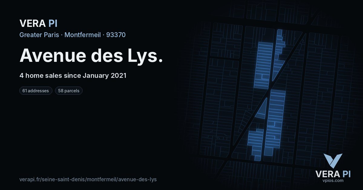 Avenue des Lys, Montfermeil at night – every parcel coloured by the prices around it, the street's own parcels lit