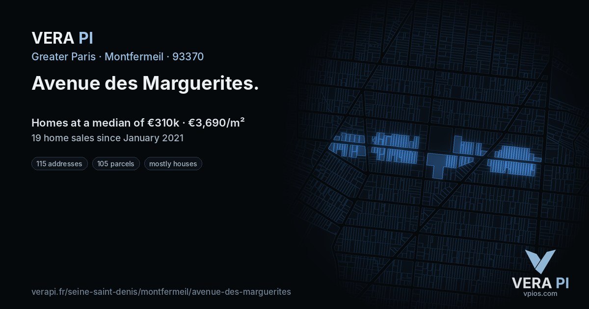 Avenue des Marguerites, Montfermeil at night – every parcel coloured by the prices around it, the street's own parcels lit