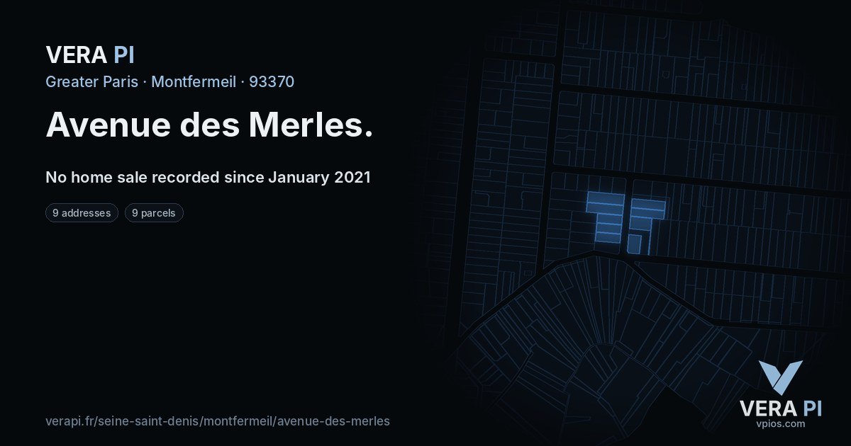 Avenue des Merles, Montfermeil at night – every parcel coloured by the prices around it, the street's own parcels lit