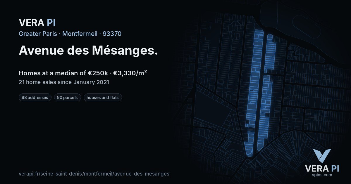 Avenue des Mésanges, Montfermeil at night – every parcel coloured by the prices around it, the street's own parcels lit