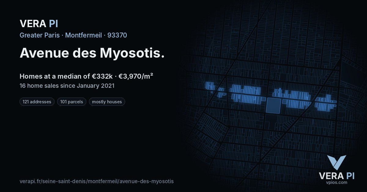 Avenue des Myosotis, Montfermeil at night – every parcel coloured by the prices around it, the street's own parcels lit