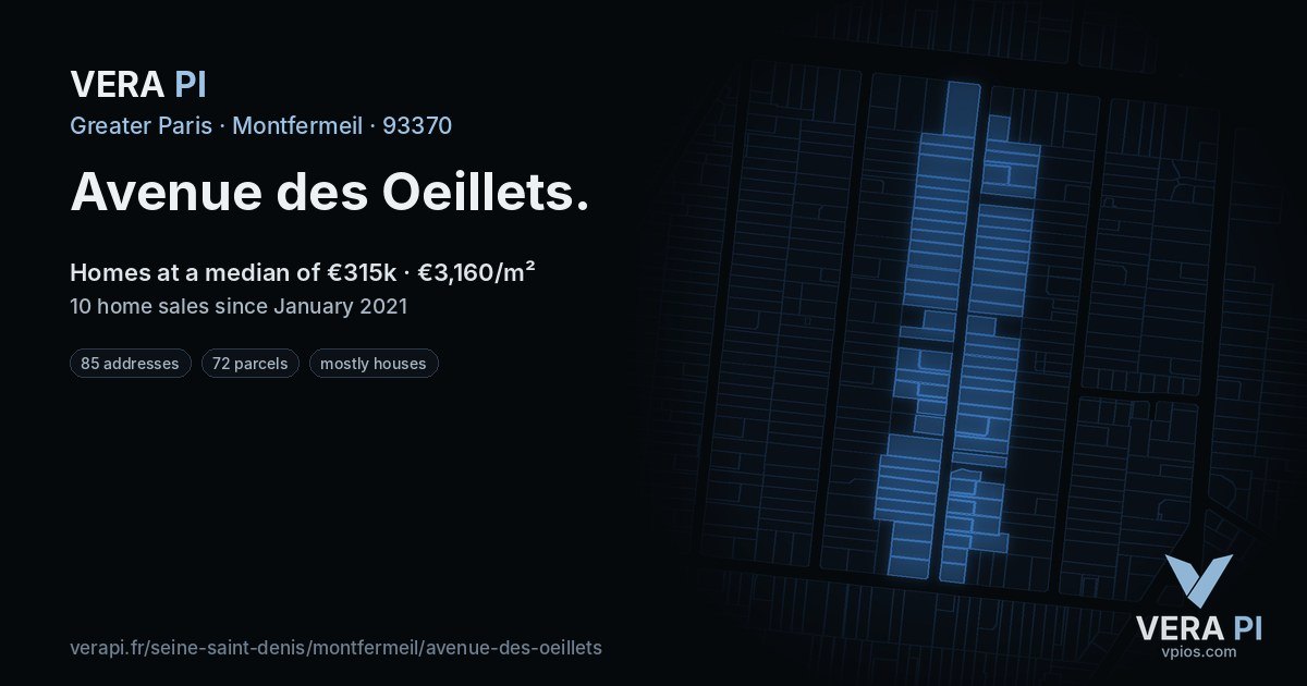 Avenue des Oeillets, Montfermeil at night – every parcel coloured by the prices around it, the street's own parcels lit