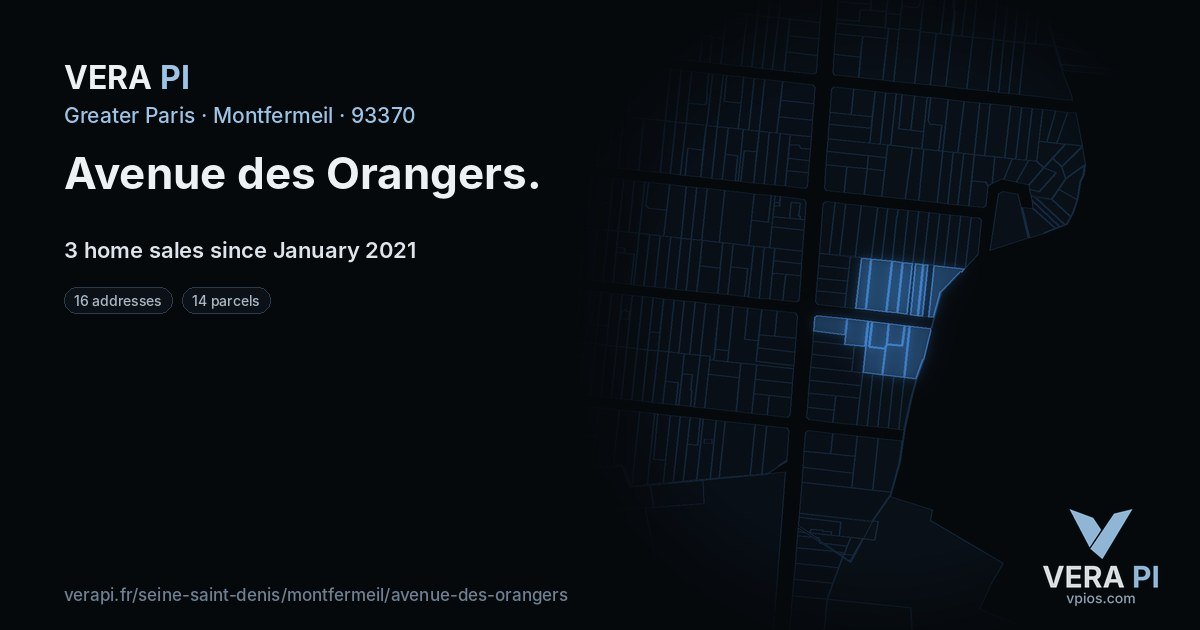 Avenue des Orangers, Montfermeil at night – every parcel coloured by the prices around it, the street's own parcels lit