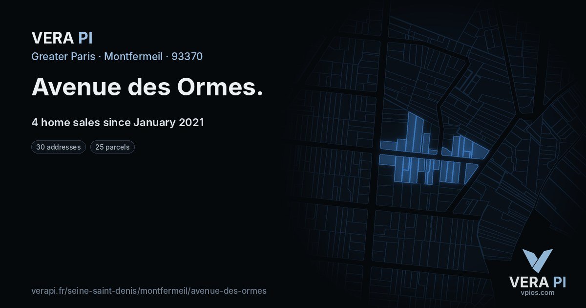 Avenue des Ormes, Montfermeil at night – every parcel coloured by the prices around it, the street's own parcels lit