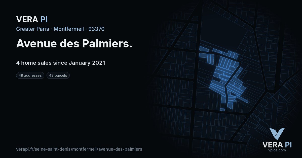 Avenue des Palmiers, Montfermeil at night – every parcel coloured by the prices around it, the street's own parcels lit