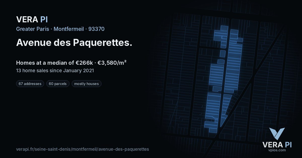 Avenue des Paquerettes, Montfermeil at night – every parcel coloured by the prices around it, the street's own parcels lit