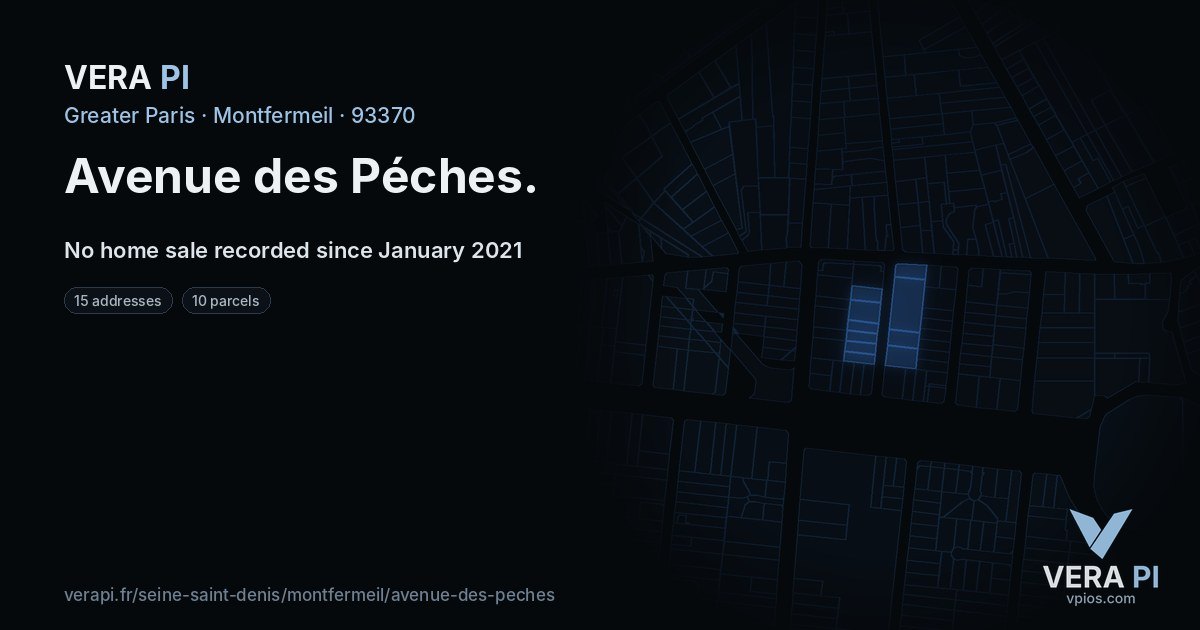 Avenue des Péches, Montfermeil at night – every parcel coloured by the prices around it, the street's own parcels lit