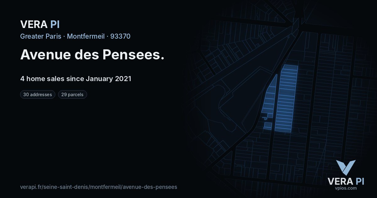 Avenue des Pensees, Montfermeil at night – every parcel coloured by the prices around it, the street's own parcels lit