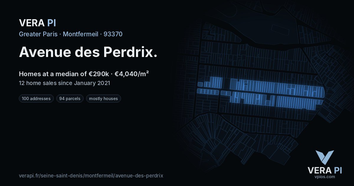 Avenue des Perdrix, Montfermeil at night – every parcel coloured by the prices around it, the street's own parcels lit
