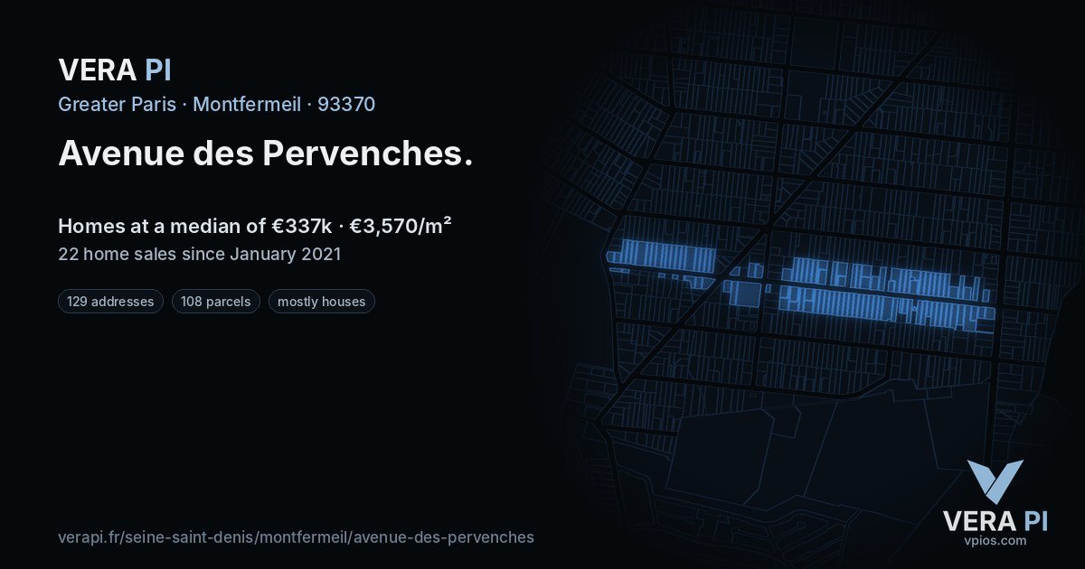 Avenue des Pervenches, Montfermeil at night – every parcel coloured by the prices around it, the street's own parcels lit