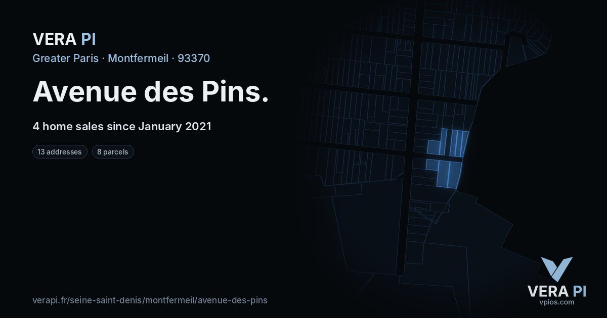 Avenue des Pins, Montfermeil at night – every parcel coloured by the prices around it, the street's own parcels lit