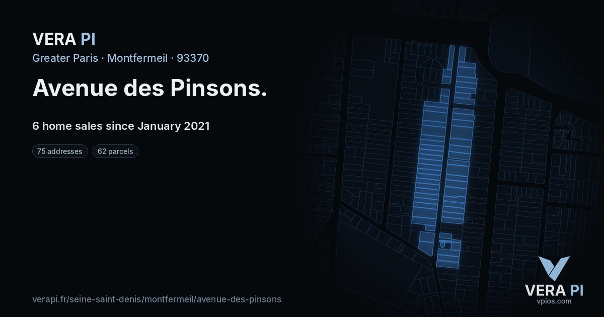 Avenue des Pinsons, Montfermeil at night – every parcel coloured by the prices around it, the street's own parcels lit