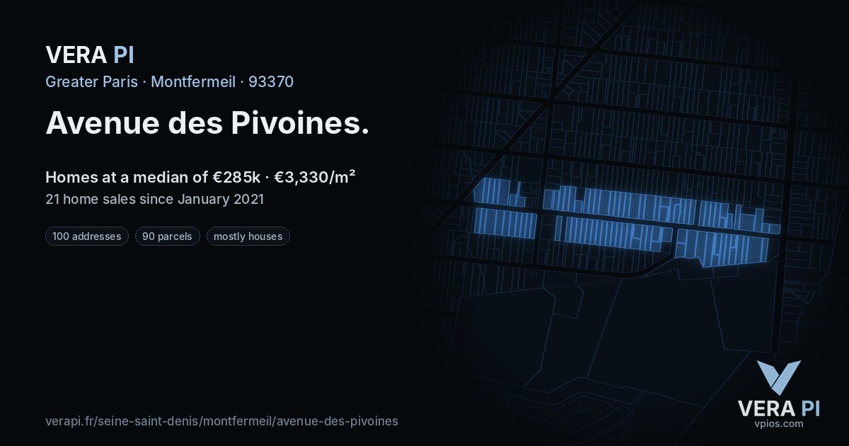 Avenue des Pivoines, Montfermeil at night – every parcel coloured by the prices around it, the street's own parcels lit