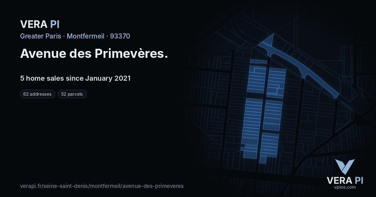 Avenue des Primevères, Montfermeil at night – every parcel coloured by the prices around it, the street's own parcels lit