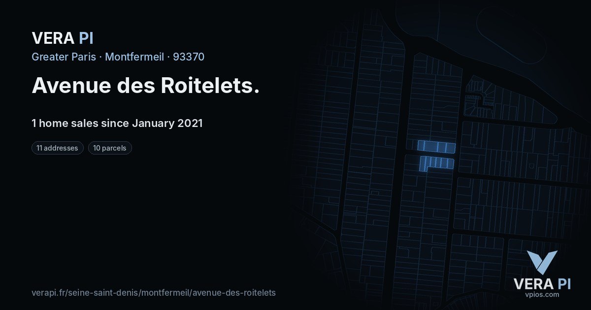 Avenue des Roitelets, Montfermeil at night – every parcel coloured by the prices around it, the street's own parcels lit