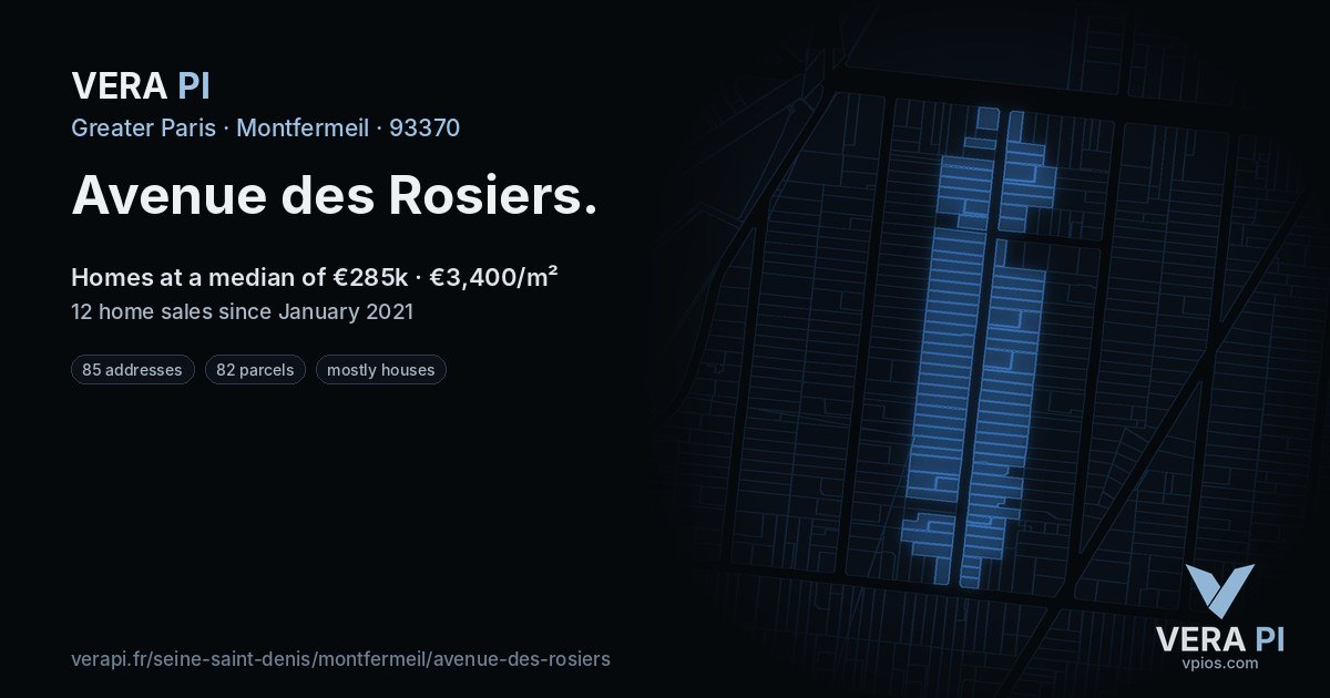 Avenue des Rosiers, Montfermeil at night – every parcel coloured by the prices around it, the street's own parcels lit